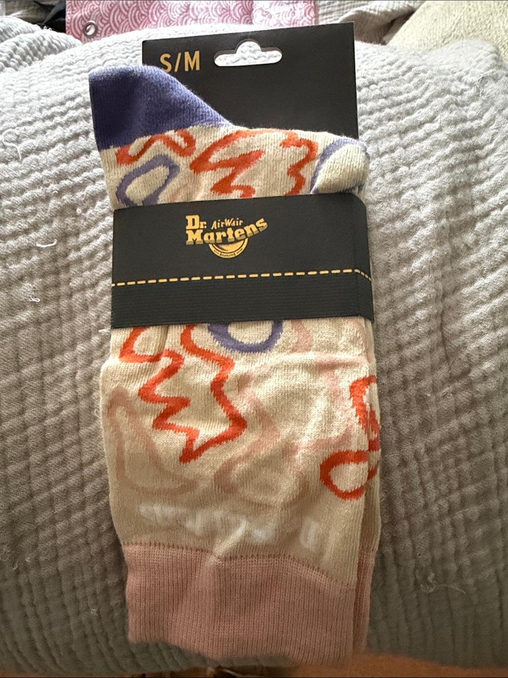 Dr. Martens Beige Crew Socks with Purple and Orange Accents